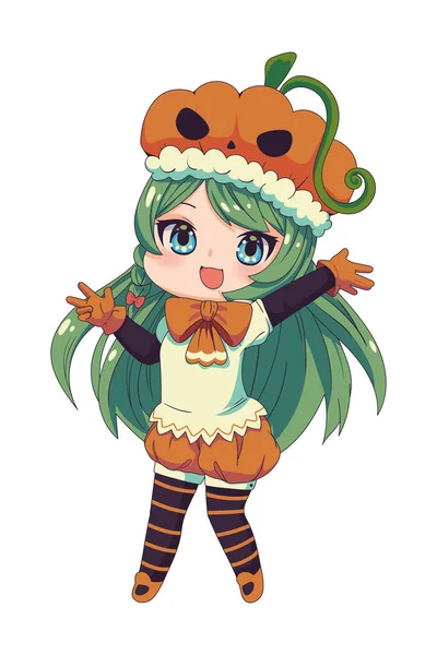 Anime Chibi Girl Halloween Pumpkin Costume — Stockový vektor