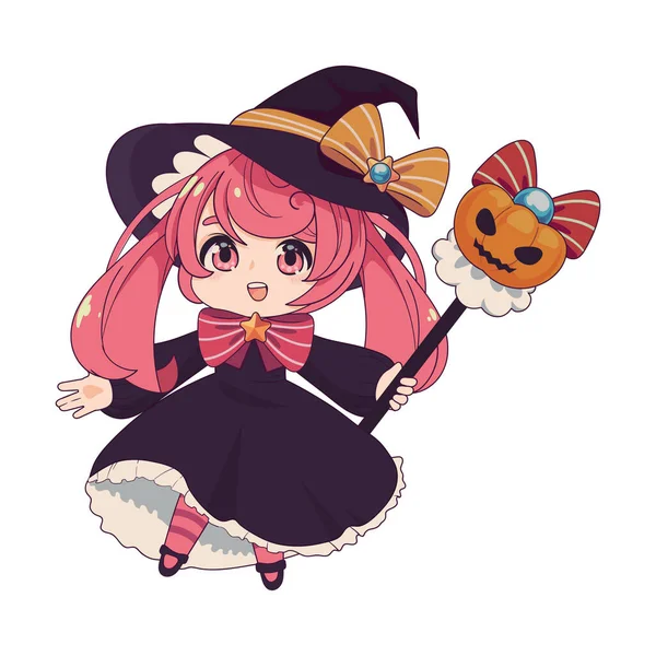 Anime Chibi Witch Pumpkin Wand Design — 스톡 벡터