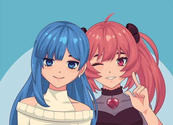 Two Anime Girls Portrait Design —  Vetores de Stock