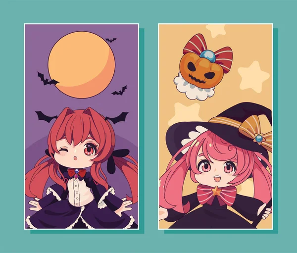 Anime Chibi Girls Halloween Banners — 스톡 벡터