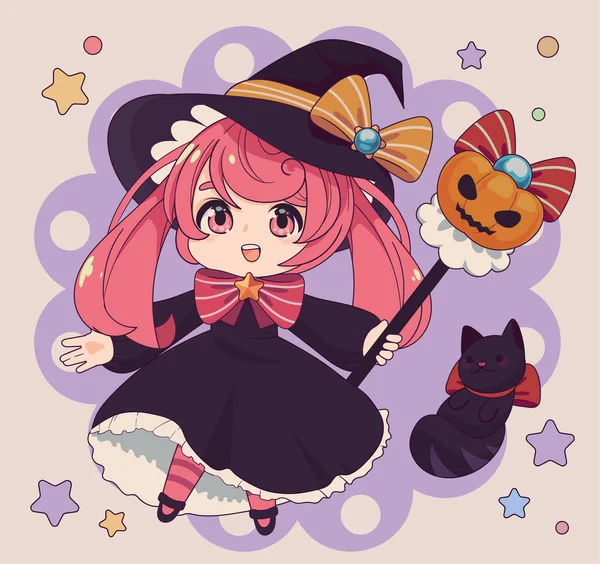 Anime Chibi Witch Girl Wand Halloween —  Vetores de Stock