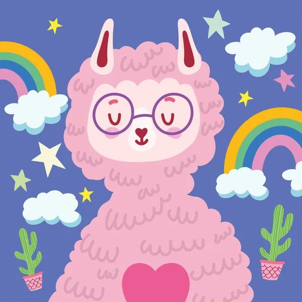 Sweet Llama Heart Rainbows — Stock Vector