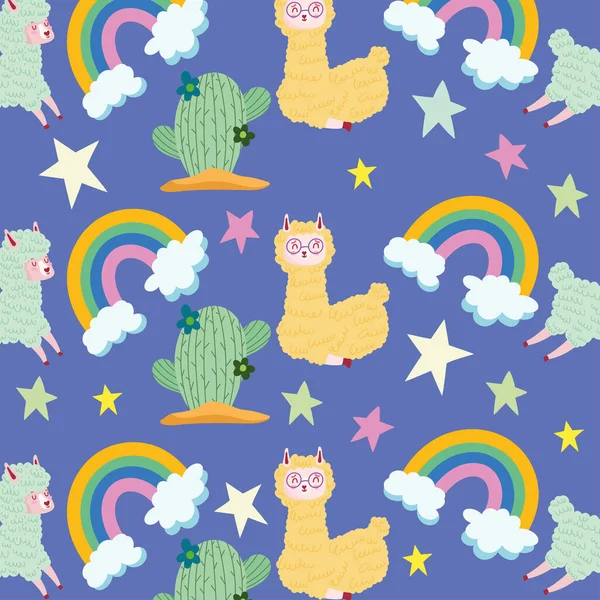 Sweet Llama Rainbows Cactus Background — Stock Vector