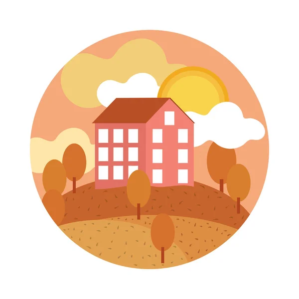 Puesta Del Sol Escena Del Edificio Mini Paisaje — Vector de stock