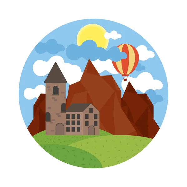 Castillo Montañas Con Globo Aerostático Mini Paisaje — Vector de stock