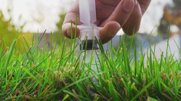 Uma mão insere uma seringa com um líquido transparente em um gramado saturado brilhante e espreme o conteúdo no solo da grama — Vídeo de Stock