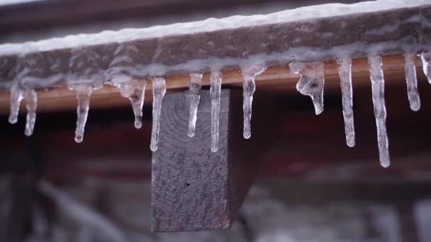 Ледяные сосульки после дождя зимой на навесе дома — стоковое видео