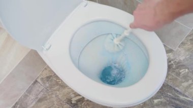 Fırçalı bir el klozeti temizler. Tuvaleti mavi deterjanla dezenfekte edip yıkıyorum.