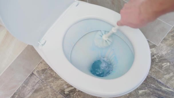 Ruka se štětcem čistí záchodovou mísu. Dezinfekce a mytí záchodové mísy modrým čisticím prostředkem — Stock video