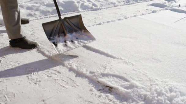 Palear nieve con una pala en invierno de cerca en cámara lenta — Vídeos de Stock