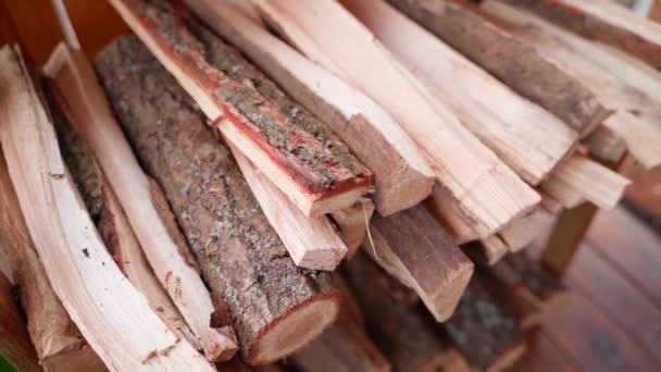 Firewood for lighting a fire for a fireplace and barbecue lies neatly stacked, top view — Stock Video