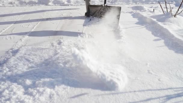 Ρίχνει χιόνι με φτυάρι. Ο τύπος καθαρίζει το χιόνι με ηλιόλουστο καιρό. — Αρχείο Βίντεο