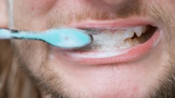 Молодой парень с усами и бородой чистит зубы синей зубной щеткой и зубной пастой крупным планом. Парень с длинными волосами — стоковое видео
