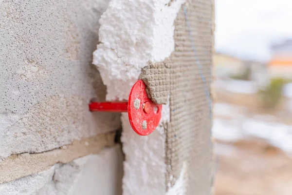Kırmızı Bir Panelin Yakın Çekimi Polistiren Köpüğü Havalanan Beton Blok — Stok fotoğraf