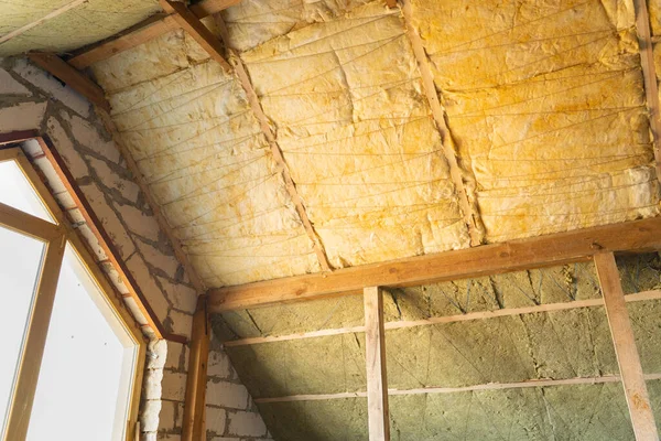 Roof Insulation Two Layers Mineral Wool Glass Wool Overlap —  Fotos de Stock