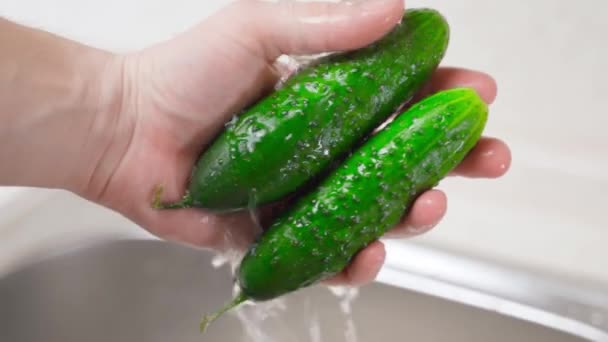 Rinsing green cucumbers under running water in hands close-up — ストック動画