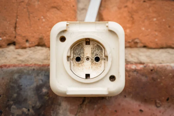 Outdoor Plastic Old Socket Close Old Brick Wall Central Composition — Stock Photo, Image