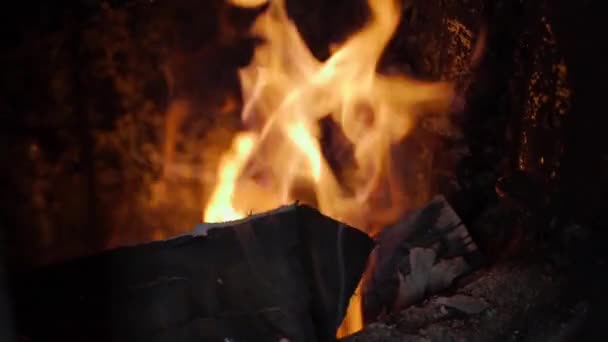 Fire from firewood burns in the firebox of a solid fuel water boiler close-up — Wideo stockowe