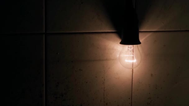 Light Bulb Glowing Dark Wall Goes Out Close High Quality — Stock Video