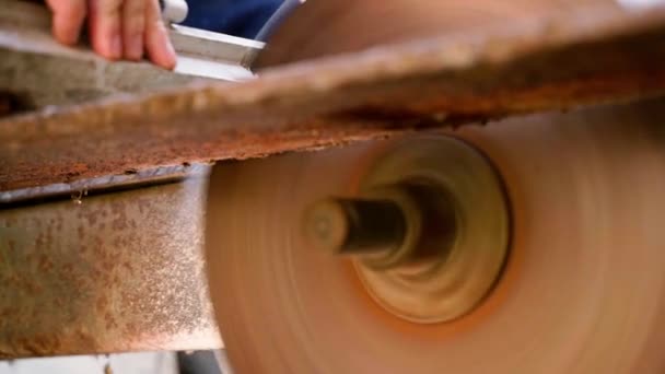 Man Cuts Wooden Parts Old Circular Machine Slow Motion Rusty — Stock Video