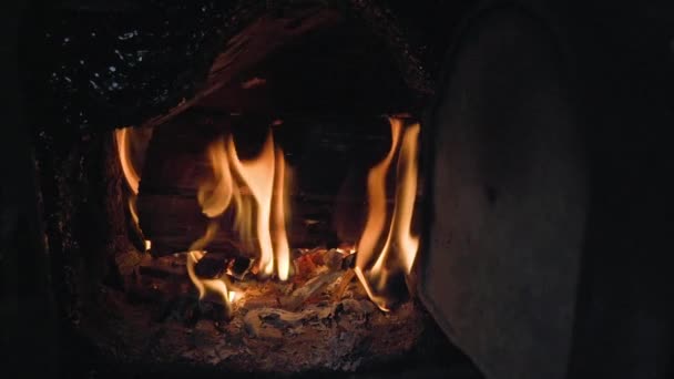 Close Slow Motion Fire Burning Furnace Firebox Open Door Wood — Stockvideo