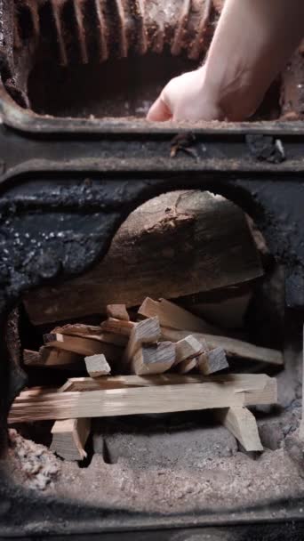 Vertical Video Stacking Firewood Wood Burning Boiler High Quality Fullhd — Vídeo de Stock
