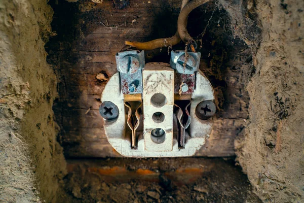 Dismantled Bare Electrical Socket Old Mud Rural Wall — Stock Photo, Image