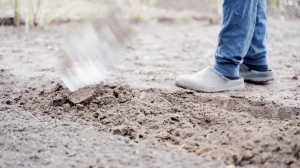 Guy Blue Pants Digging Empty Garden Shovel Shutdown High Quality — Stock Video