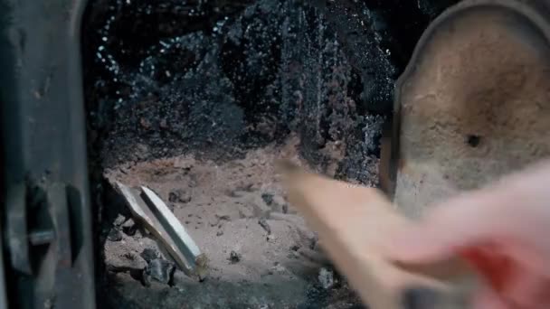 Close Time Lapse Video Putting Firewood Firebox Wood Fired Boiler — 图库视频影像