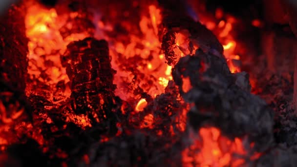 Hot Coals Smolder Close Beautiful Rich Color Red Coals Fireplace — 图库视频影像
