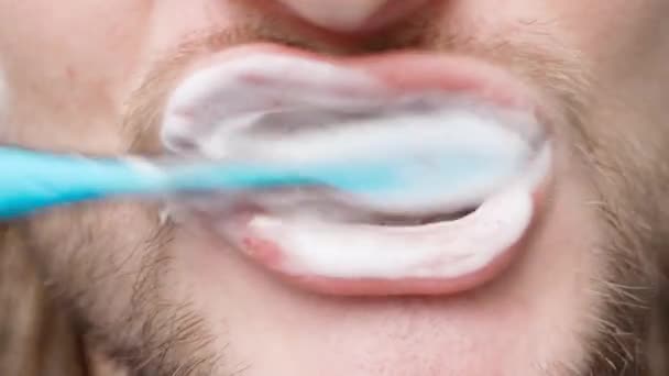 Nahaufnahme Des Zähneputzens Mit Zahnbürste Und Zahnpasta Ein Junger Mann — Stockvideo