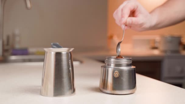 Guys Hand Puts Teaspoon Coffee Geyser Coffee Maker Winds Second — Video