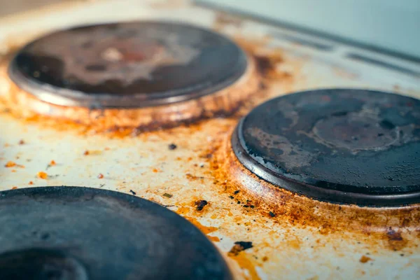 Old Kitchen Electric Stove Heavy Brown Pollution Soot Close — Stock Photo, Image