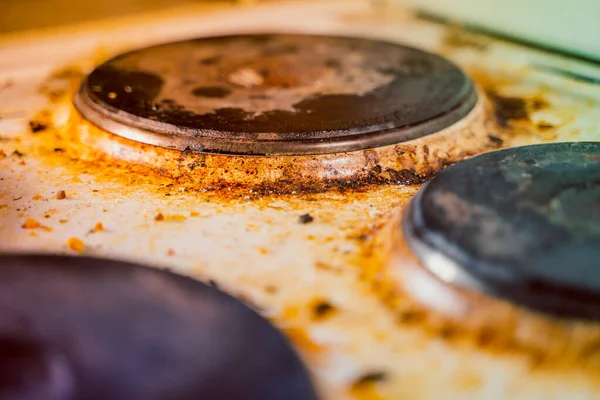 Very Heavily Soiled Old Kitchen Electric Stove Burnt Brown Soot — Stockfoto