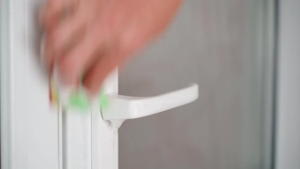 Hand Green Color Sponge Close Carefully Washes Handle White Plastic — Video
