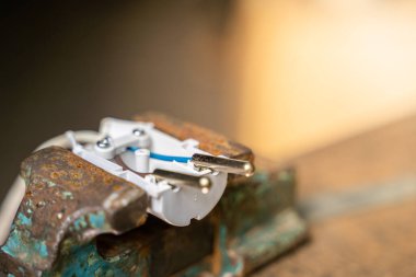 Electrical appliance plug in a section with the insides close-up in an iron vice. Blue and brown wire in a white plastic case, side view