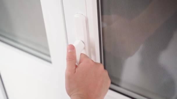 Hand Pulls Handle White Plastic Doors Unsuccessfully Attempt Open Frozen — Vídeo de Stock