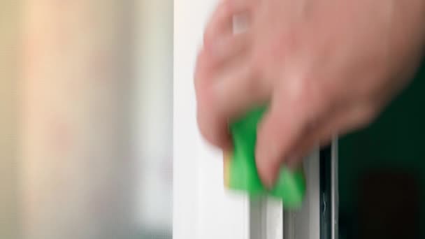 Washing White Plastic Doors Sponge Detergent Close High Quality Footage — Vídeos de Stock