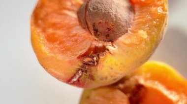 A worm crawls inside a ripe juicy apricot close-up. Wormy orange fruit with a stone and a larva. Pests of fruit crops. High quality 4k footage