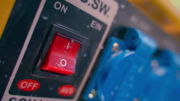 Finger Presses Red Button Gas Generator Housing Background Blue Power — Vídeos de Stock