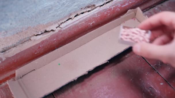 Hand Pours Pink Granular Rodent Poison Cardboard Wooden Floor Corner — Vídeo de Stock
