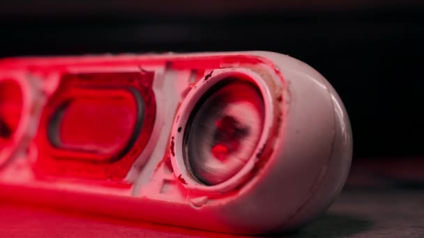 Old Broken Wireless Speaker Plays Bass Close Red Lighting Bent — Video Stock
