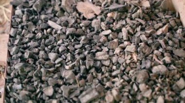 Fossil coal close-up, reserves. Smooth movement from top to bottom near hard coal in a warehouse. Raw materials for heating and electricity production. Unlimited use of the planets resources. High