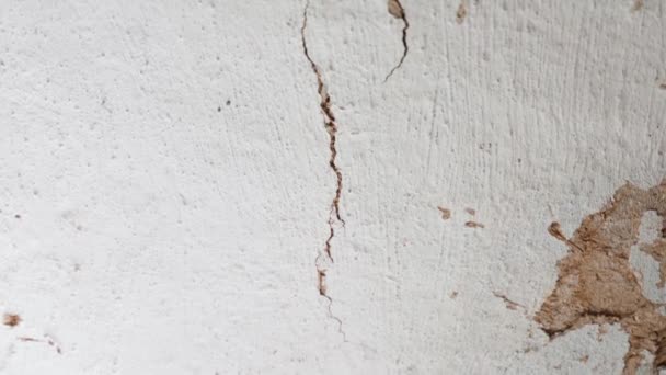 一个古老的乡村房屋的白色天花板上有一道长长的裂缝 摄像机沿着黏土墙上的裂缝移动 住宅的迅速毁坏和完整性的丧失 地震后 — 图库视频影像