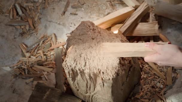 Drewniane Drewno Opałowe Jest Pokrojone Małe Kawałki Siekierą Bliska Przygotowujemy — Wideo stockowe