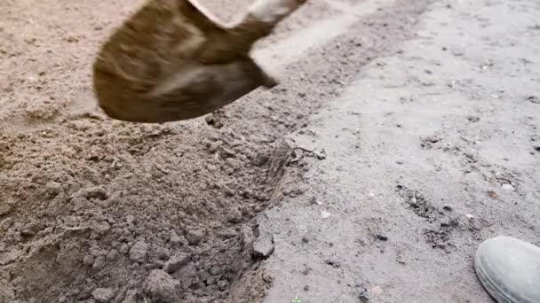 Digging Garden Shovel Close Plowing Soil Garden Bed Hand Soil — Stock Video