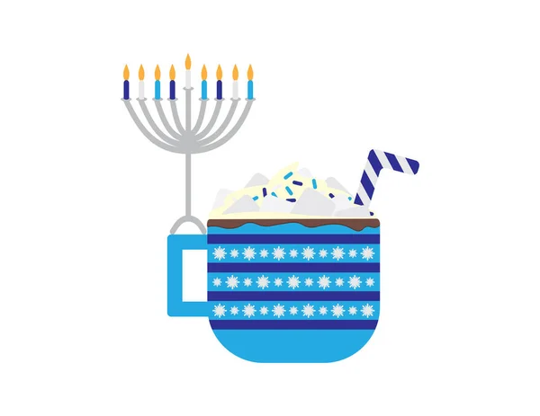 Hanukkah Menorah Una Taza Azul Blanca Grande Con Chocolate Caliente — Vector de stock