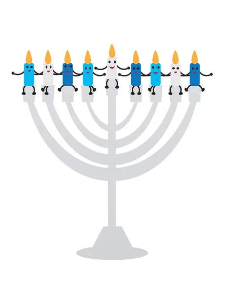 Cute Hanukkah Candles Smiling Face Sitting Hanukkah Menorah White Background — Stock Vector