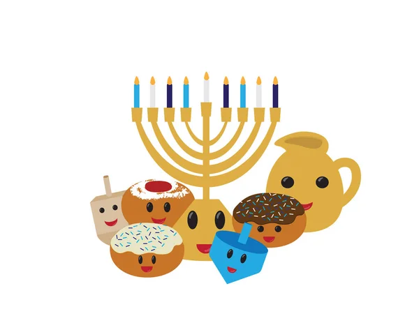 Lindos Símbolos Hanukkah Con Cara Sonriente Personajes Dibujos Animados Hanukkah — Vector de stock