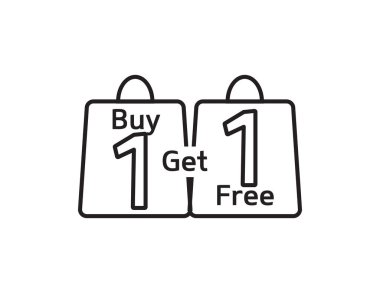 Siyah beyaz çizgi resim satış ikonu, 1 alana 1 tane bedava alışveriş torbası.